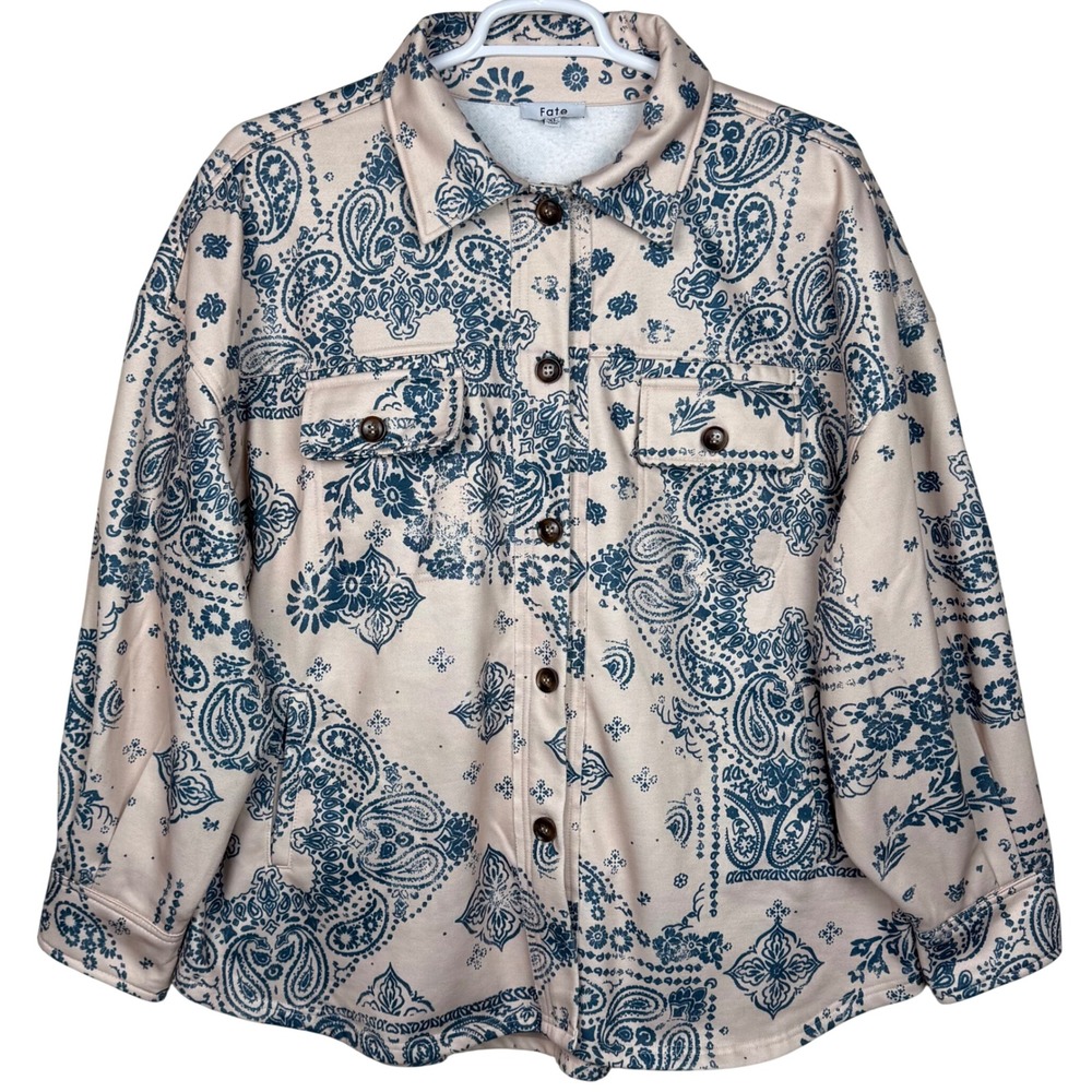 Fate Shacket Oversized Shirt Button Up Pleated Paisley Fleece Lined Womens XL
